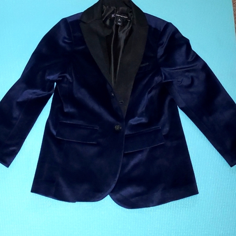 INC Boy's Velvet Blazer in luxurious blue. Satin peak lapels & chest welt pocket